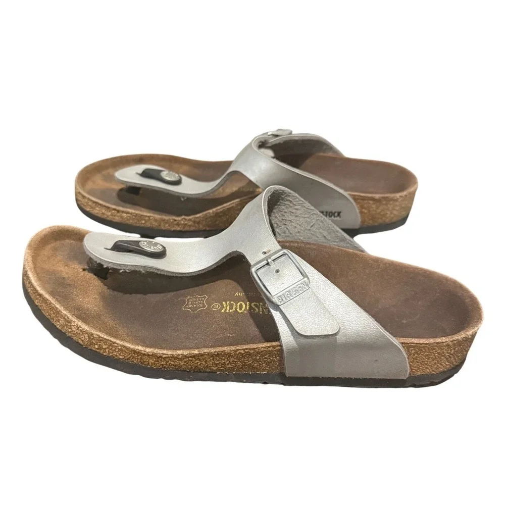 Birkenstock Gizeh Kids Silver Metallic Sandals Cork Footbed Girls Size 32 US 1‎